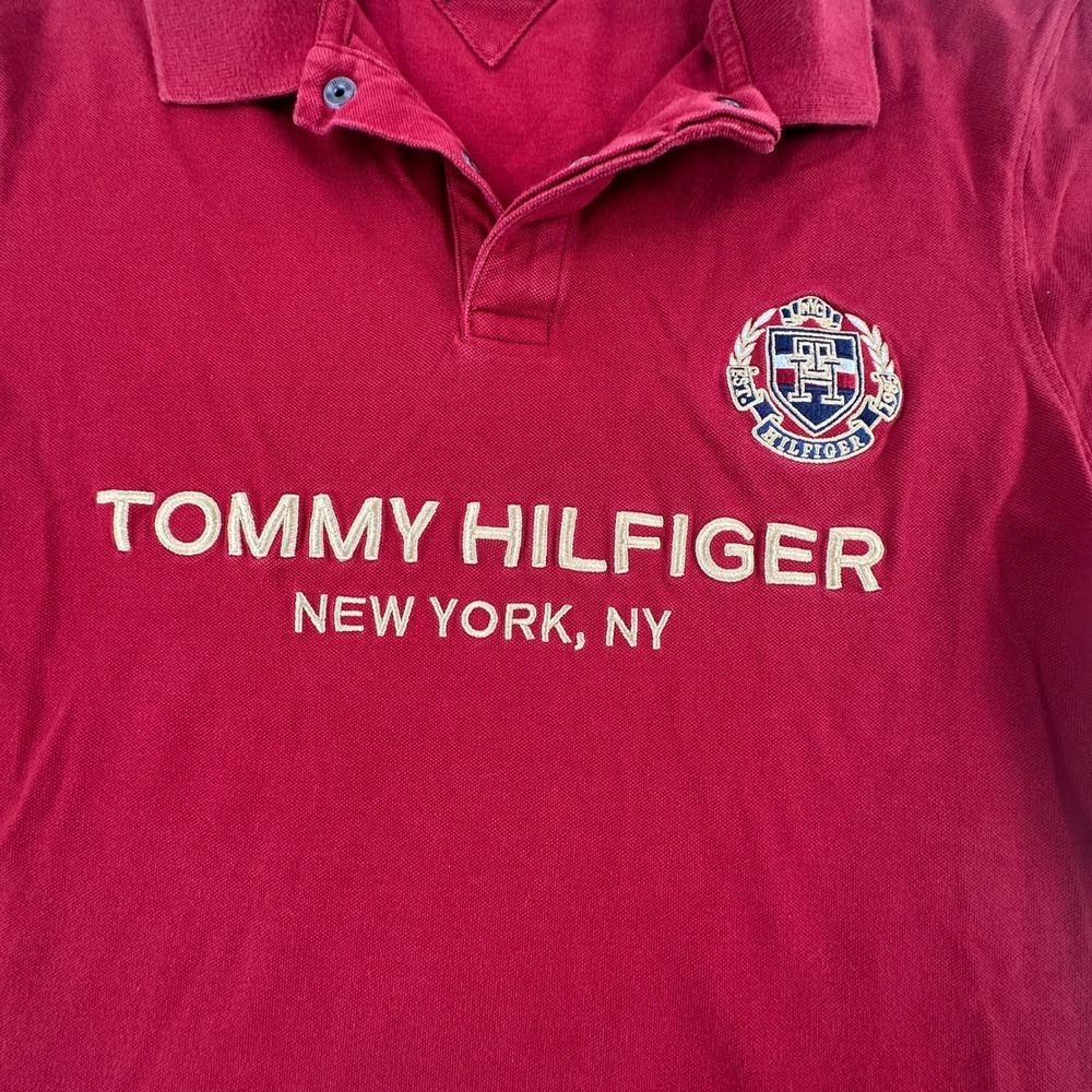 Tommy Hilfiger Men L Polo Shirt Adult Red Slim Fit Embroidered Crest‎ Logo Large - Picture 3 of 13